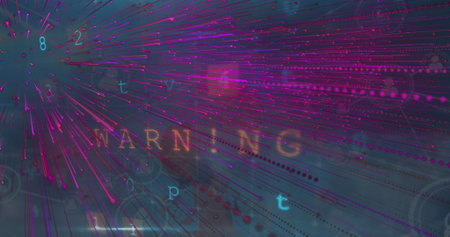 Radiating purple and magenta data streaks through virtual cyberspace, with glowing WARNING text. Futuristic, technology, digital, abstract, vibrant, cybersecurity, networkの写真素材