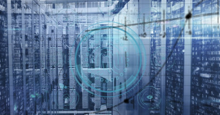 Central server rack unit showing holographic network graphics in data center, with LED indicators....