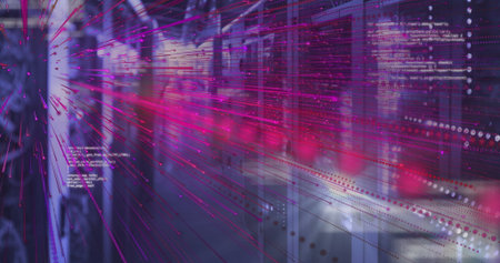 Streaming light streaks down data center aisle between server racks, with code snippets. Technology, cybersecurity, futuristic, digital, networking, innovation, industrialの写真素材