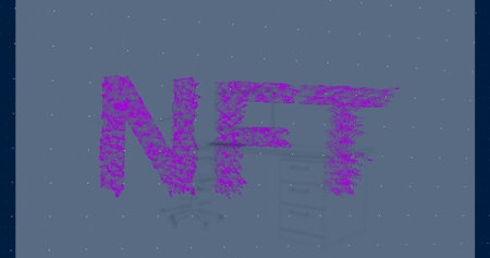 Displaying purple NFT letters on muted blue backdrop, with ghosted office chair and cabinet shadows. Abstract, digital art, textured, modern, corporate, creative, futuristicの写真素材