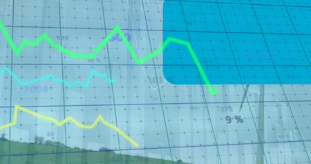 Gridlines and three color line charts overlaying grassy hillside, scattered trees and wind turbine....