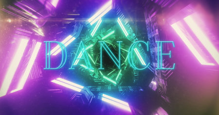 Floating neon blue DANCE text glowing in mirrored 3D tunnel, with LED light bars, triangular frames. Futuristic, neon, geometric, immersive, vibrant, digital, reflectingの写真素材