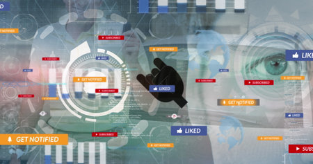 Clicking black stylized hand icon activating LIKED button at control center, with notification tags. Futuristic, holographic, interface, analytics, digital, technology, dataの写真素材