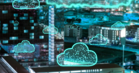 Displaying glowing blue cloud cluster hovering above nighttime city skyline, with cyan waveform. Futuristic, urban, skyline, technology, network, digital, cityscapeの写真素材