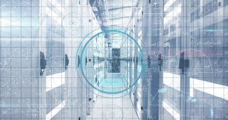 Displaying data center corridor, featuring server racks, raised floor, floating blue data graphics....