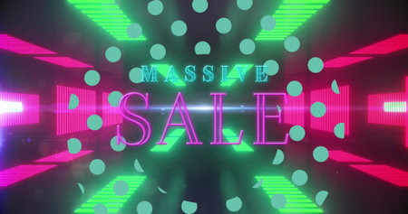 Neon MASSIVE SALE sign glowing in dark digital tunnel, with streaming light bars and green circles. Cyber, futuristic, vibrant, publicity, modern, technology, brandingの写真素材