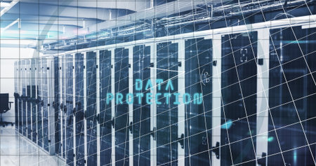Displaying data protection overlay across data center aisle, with server racks and LED indicators. Technology, cybersecurity, infrastructure, networking, enterprise, digital, modernの写真素材