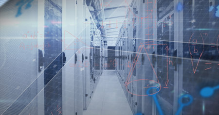 Showing empty aisle reflecting lights in server room, with server racks and schematic overlays....