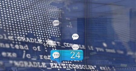 Chat notification bubble floating over city skyline showing number 24, with white speech bubbles....