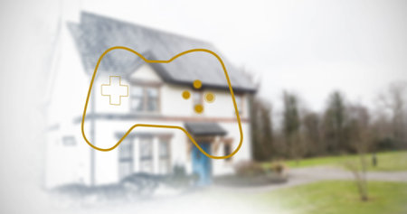Showing stylized gold game controller outline covering house with lawn, curved walkway and trees....
