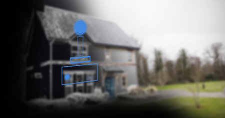 Sitting two-story suburban house in front yard with paved pathway, transparent blue overlay shapes. Residential, architecture, modern, geometric, minimalistic, urban, contemporaryの写真素材