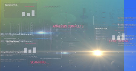 Displaying interface showing bright star flare on cosmic backdrop, with floating data panels. Futuristic, sci-fi, technology, digital, space, interface, data visualizationの写真素材