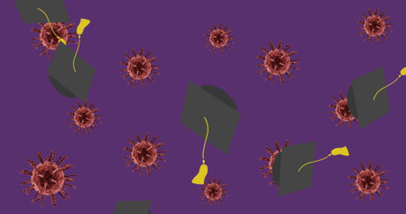 Displaying purple field featuring red virus models and gray graduation caps with yellow tassels. Abstract, pattern, vibrant, scientific, educational, graphic, symbolic