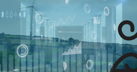 Spinning wind turbines generating power on rural grassy hills, with line graph and gauge overlays. Renewable, sustainability, eco-friendly, technology, landscape, energy, innovationの写真素材