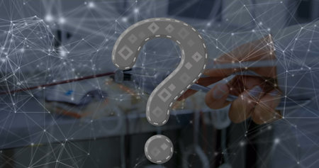 Showing hand plugging network connector with pliers in rack with question mark digital node overlay....