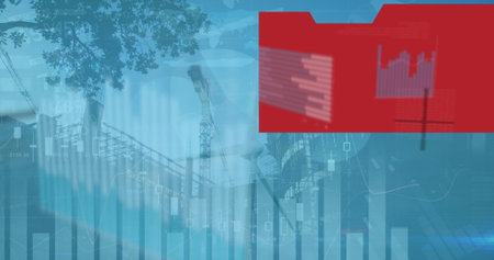 Merging bar line  and  candlestick charts with construction site cranes, tree branches and red overlay. Financial analysis, urban development, data visualization, industrial landscape, modern technology, business growth, architectural planningの写真素材