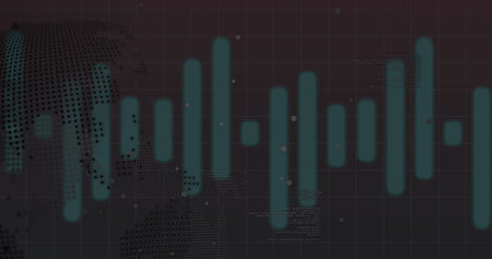 Displaying teal data bar chart on digital dashboard, with world map and code fragments. Analytics, visualization, dashboard, infographics, technology, statistics, futurismの写真素材