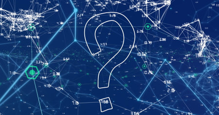 Displaying white question mark in network with lines linking nodes, numbers and green hexagons....