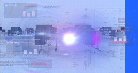 Emitting purple lens flare effect scanning futuristic office, with swivel chairs and UI overlays....