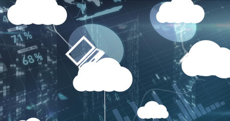 Displaying white cloud with laptop connecting lines in network, with world maps and percent labels....