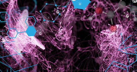 Displaying abstract digital network with purple filaments, blue hexagons, padlock and globe icons....
