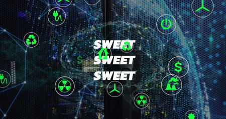 Displaying sweet text on digital honeycomb mesh with floating green energy icons. Futuristic,...
