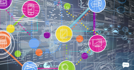 Displaying network diagram overlaying server racks background, with device icons, data streams....