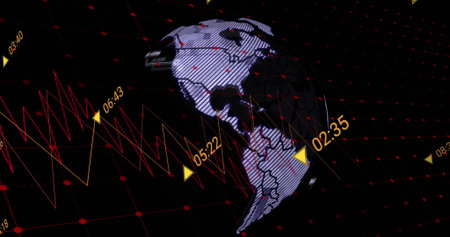 Floating 3D globe rotating over grid, with red-yellow waveforms, triangular markers and timestamps. Globe, data visualization, futuristic, digital, abstract, technology, analysisの写真素材
