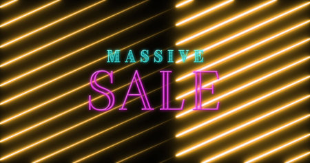 Displaying bold neon MASSIVE SALE text glowing on dark ad background, with diagonal golden bars. Neon, digital, vibrant, advertising, graphic design, illumination, modernの写真素材