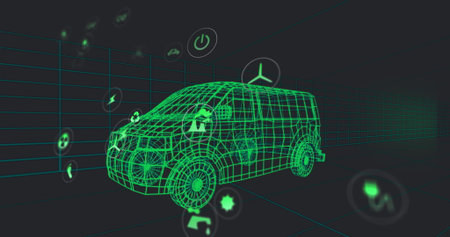 Rotating neon green wireframe van model in virtual 3D grid, with floating holographic icons. Futuristic, technology, innovation, digital, virtual, eco-friendly, designの写真素材