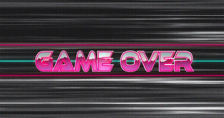 Displaying 3D GAME OVER text on game screen, with glitchy static and neon magenta cyan lines. Vintage, electronic, digital art, interface, high-tech, neon, abstractの写真素材