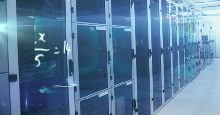 Glowing server cabinets showing racks and patch panels in data center, with LED indicator lights....