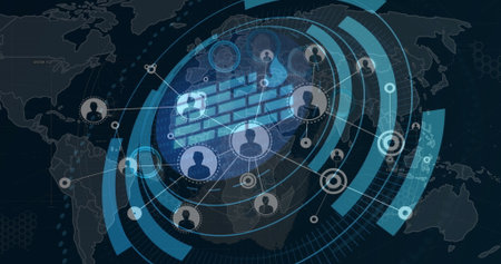 Displaying digital network interface overlaying world map, showing firewall icon and user nodes....