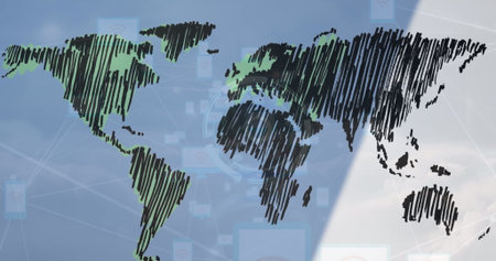 Green-black sketch map pulsing in digital network, with wireless and device icons and network lines. Vector, connectivity, technology, abstract, innovation, digital, communicationの写真素材