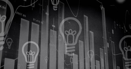 Displaying central lightbulb icon glowing over finance dashboard, with chart elements and labels. Innovation, data, technology, analytics, finance, modern, futuristicの写真素材
