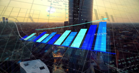 Displaying translucent 3D bar chart rising over skyscraper skyline at dusk, with line graph overlay....