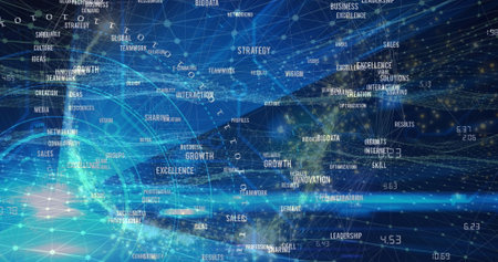 Displaying digital network mesh glowing in cyberspace, with nodes, lines, globe and floating labels....