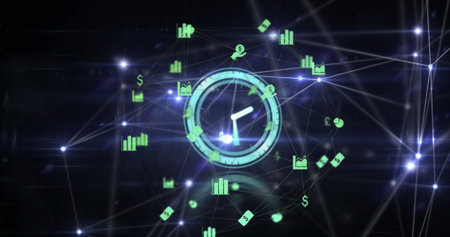 Glowing central clock linking data lines in cyber grid, with floating charts and currency symbols....