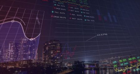 Displaying financial data flowing over waterfront at night, with line graphs bar charts and tickers....