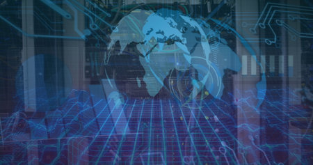 Holographic globe displaying circuit traces, wireframe grid in data center, with bar chart overlays....