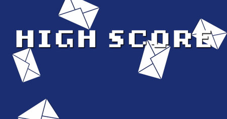 Displaying pixel-art text HIGH SCORE on dark blue backdrop, with scattered white envelope icons....