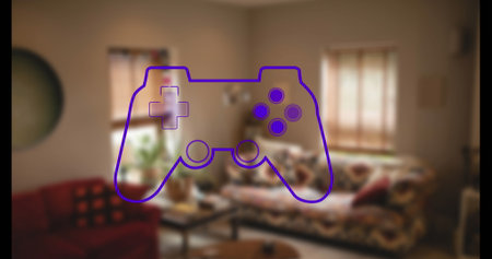 Displaying purple game controller outline covering lounge area, with patterned sofa, red armchair. Modern, comfort, leisure, decor, home, design, relaxationの写真素材