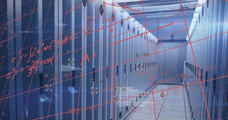 Displaying central aisle of server racks lining server room corridor, with digital overlays....