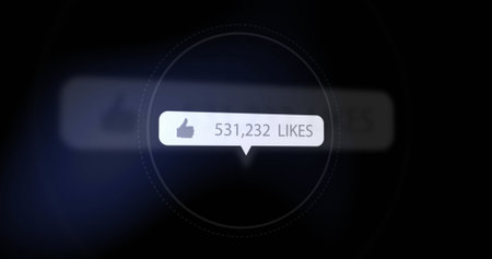 Floating notification bubble displaying 531,232 likes on dark interface, showing thumbs-up icon. Digital interface, social media, futuristic, neon, technology, user experience, virtualの写真素材