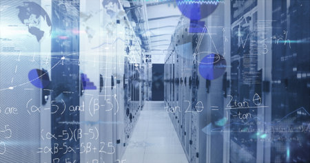Extending central aisle flanked by server racks in server room, with floating holographic overlays....