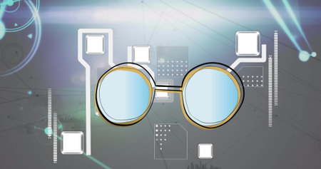 Stylized glasses floating in digital interface with panels, circuit lines and light streaks....