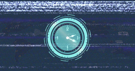 Displaying futuristic circular clock interface on glitchy static background, with rotating hands....