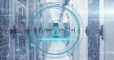 Floating digital cloud security icon overlaying data center corridor with server racks. Technology,...