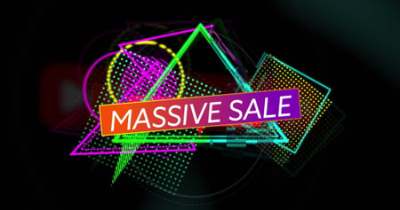 Displaying gradient banner highlighting MASSIVE SALE text in abstract design, with neon shapes. Futuristic, vibrant, geometric, digital art, marketing, advertising, modernの写真素材