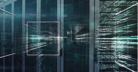 Server cabinets displaying streaming code overlays in data center, with floating wireframe square....
